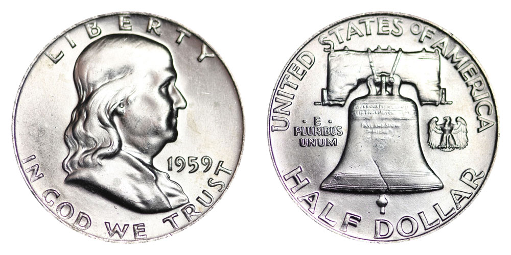 Side-by-side comparison of 1959 Franklin half dollar reverses: common incomplete bell lines vs Full Bell Lines (FBL)
