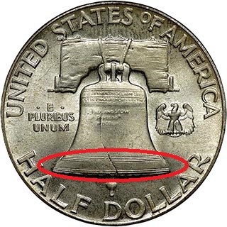 Close-up of 1959 Franklin half dollar Liberty Bell reverse showing complete Full Bell Lines (FBL)