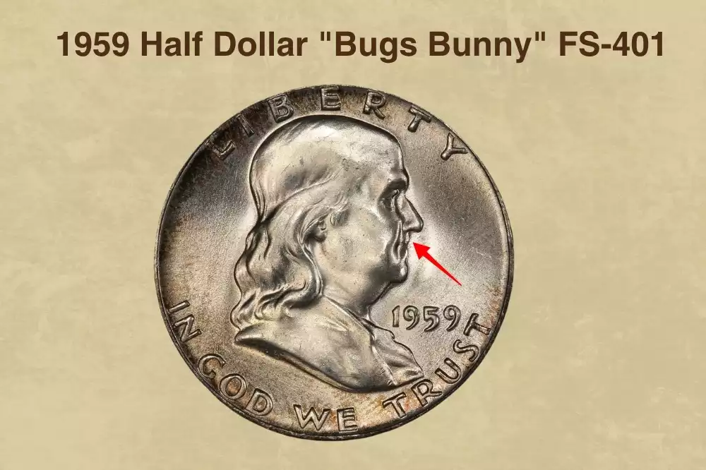 Close-up of 1959 Franklin half dollar obverse showing Bugs Bunny FS-401 die clash lines between Franklin's teeth