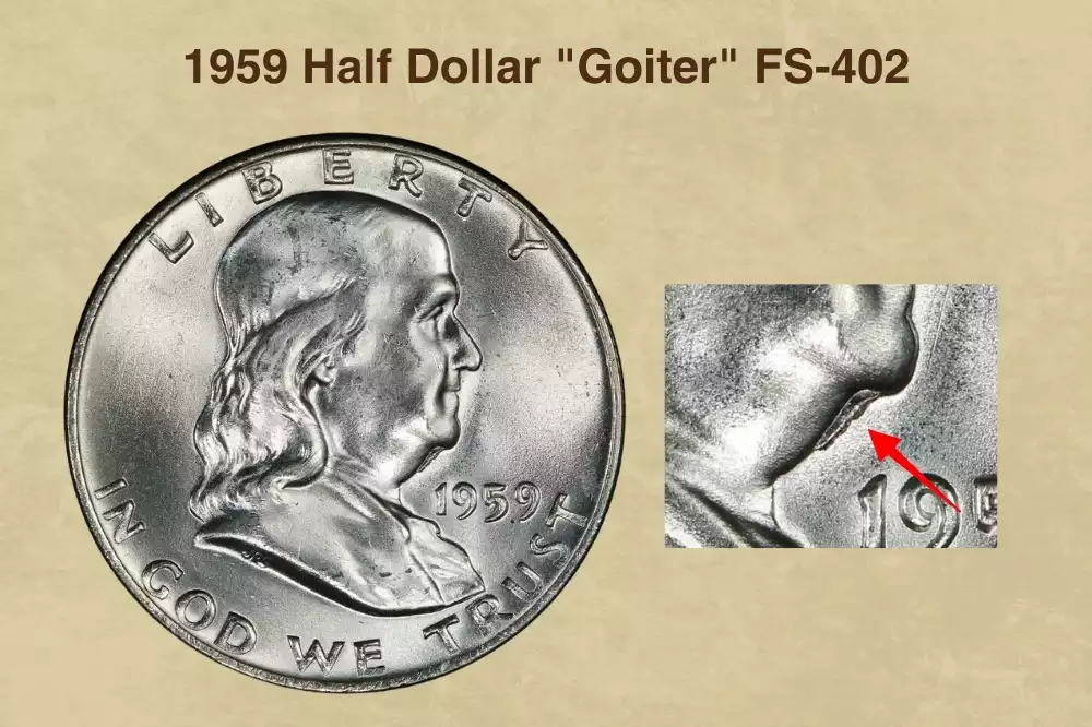 Close-up of 1959 Franklin half dollar obverse showing Goiter FS-402 die clash protrusion on Franklin's neck