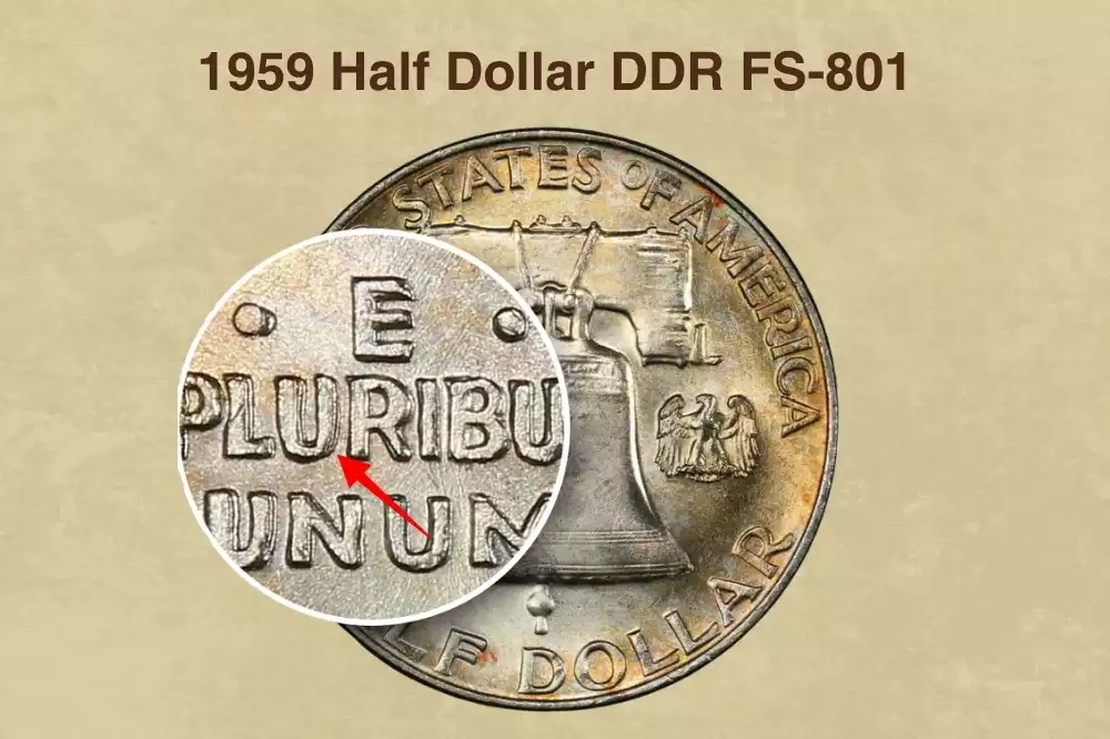 Close-up of 1959 Franklin half dollar reverse lettering showing Doubled Die Reverse FS-801 doubling on E PLURIBUS UNUM