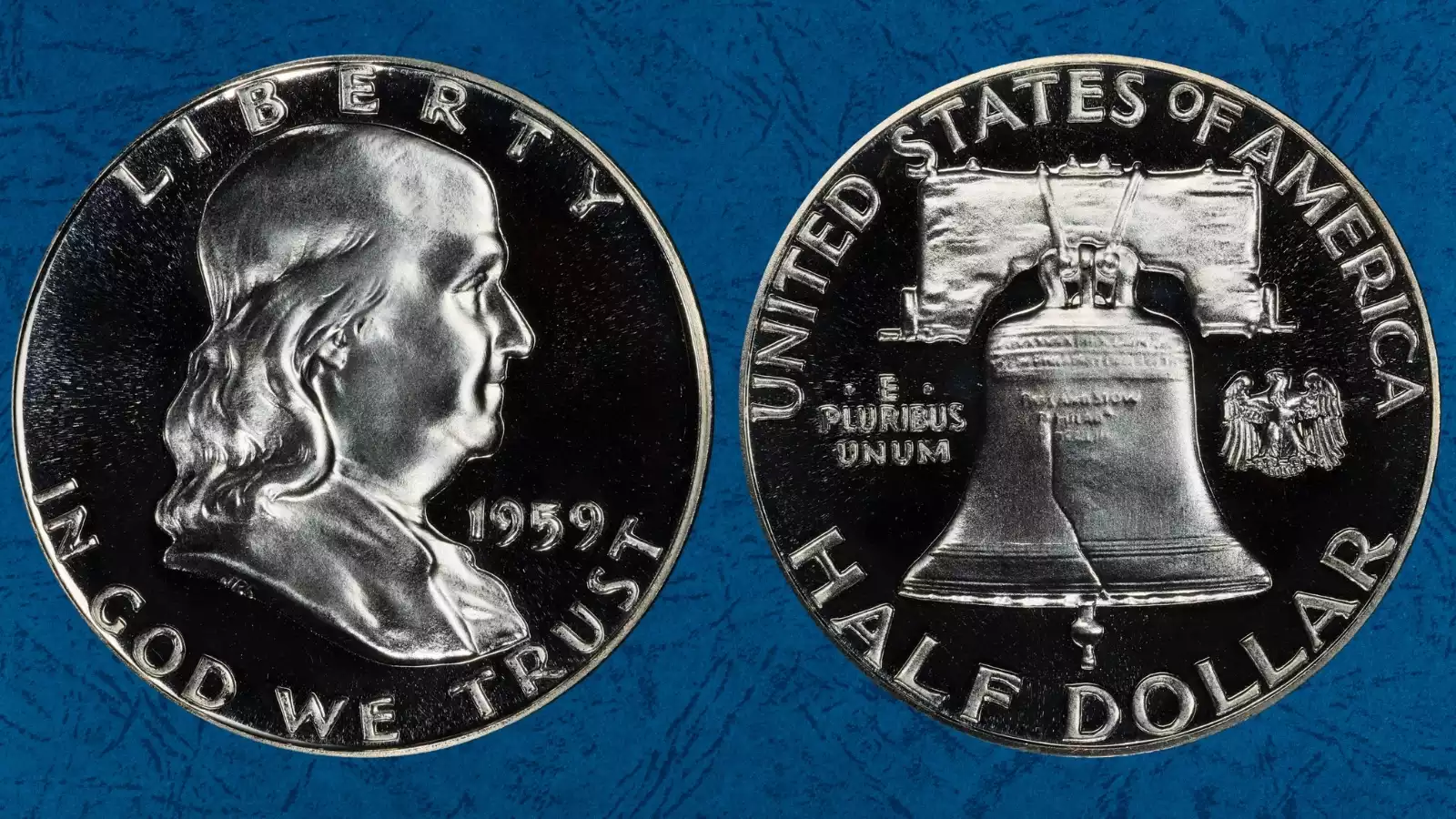 1959 Proof Franklin half dollar Deep Cameo (DCAM) showing frosted design against mirror fields