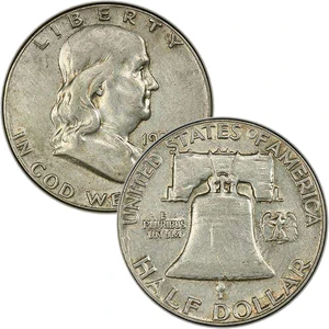 Group of 1959 Franklin half dollars arranged by grade from worn to gem mint state